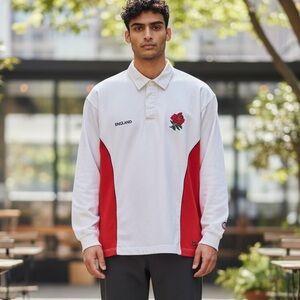 England White Red Rose Long Sleeve Cotton Blend Rugby Shirt Size L